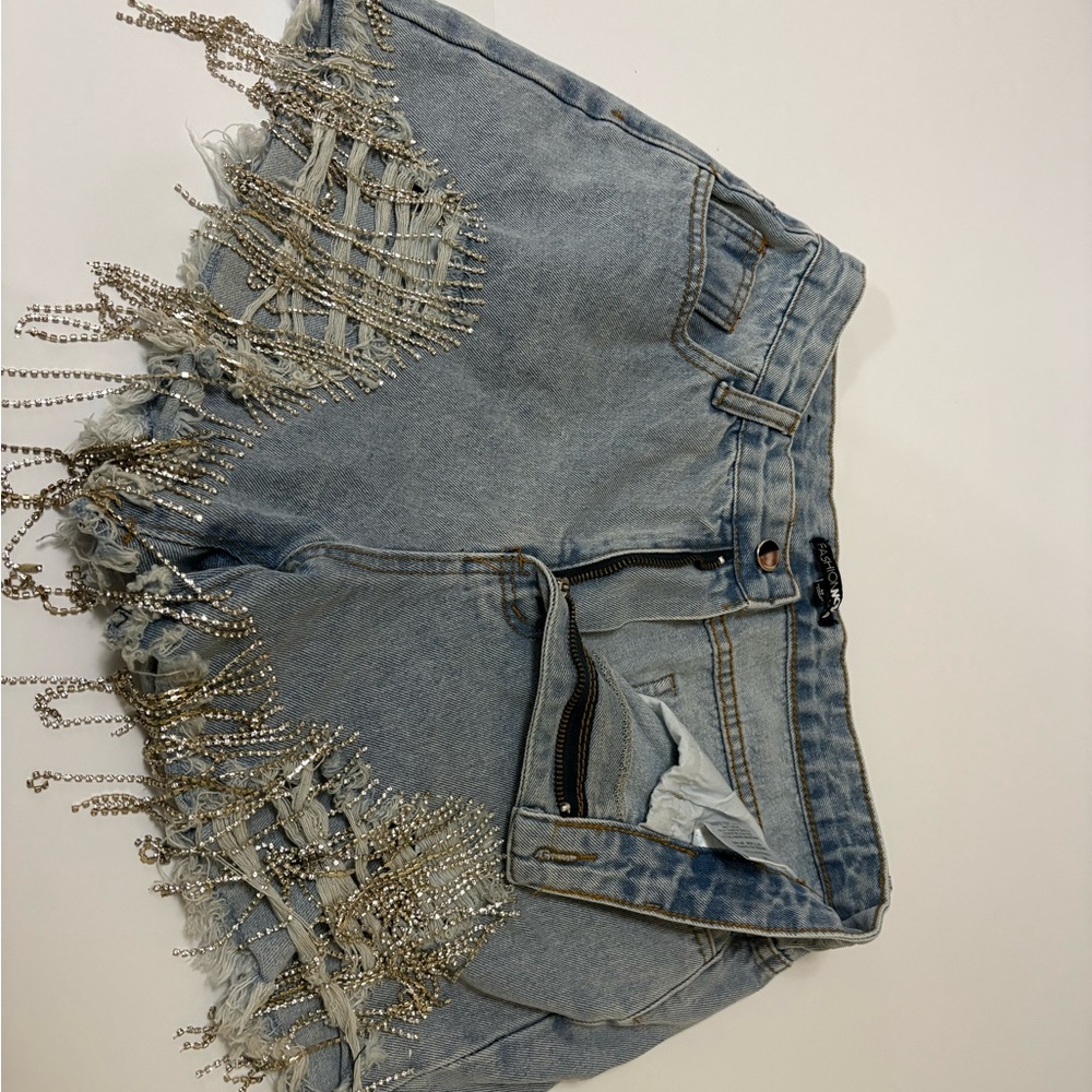 Fashion Nova Light Blue Denim Shorts with Silver Button
